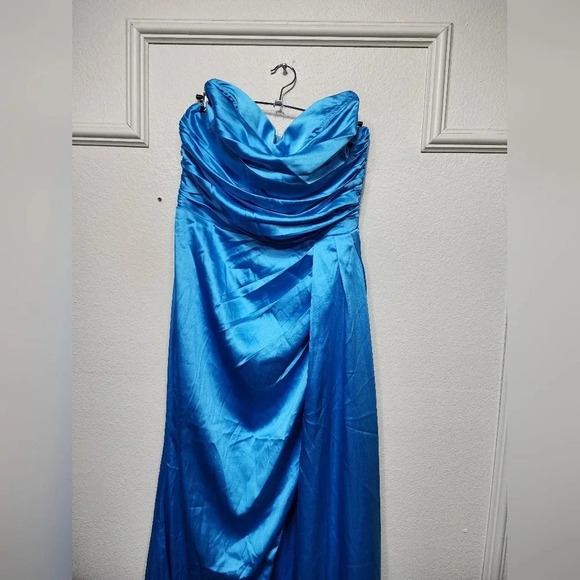 Lulus Ethereal Excellence Teal Blue Satin Pleated Strapless Maxi Dress Party - Picture 8 of 12